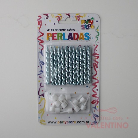 Velas Perladas Torneadas Celeste x 12 uni