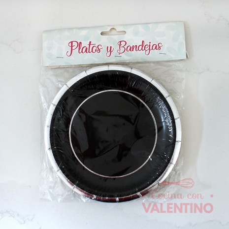 Plato de Polipapel Redondo Negro con guarda plata x10u