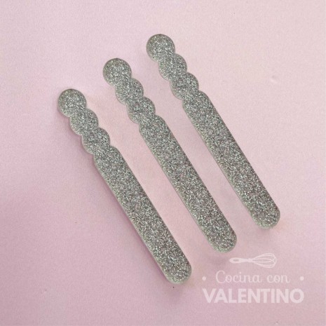 Palitos para Ice Pop x 12 unidades - Liso Glitter Plateado Ruphas