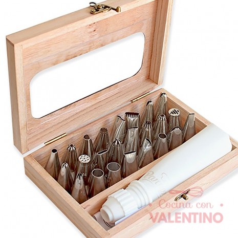 Caja de Madera p/24 Boquillas Grandes Plateada Manga y Cupla