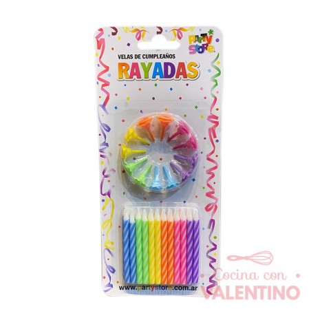 Vela Rayada Multicolor Con Bases Party Store - 24 Un.