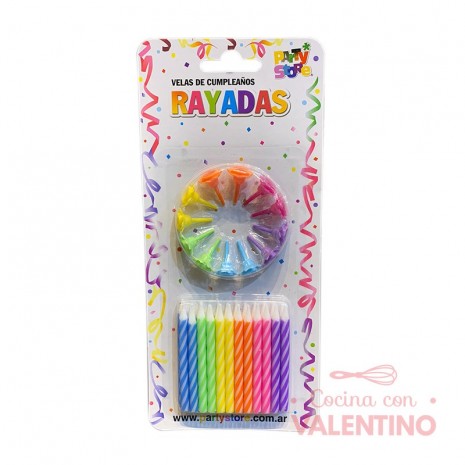 Vela Rayada Party Store Multicolor Con Bases - 24 Un