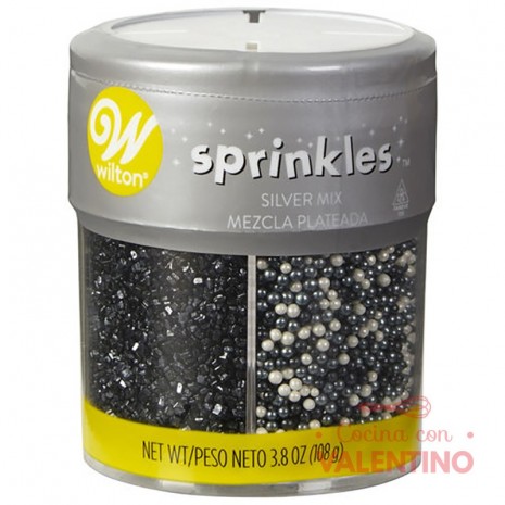 Sprinkles Wilton 4 Celdas - Blanco. Negro y Plateado - 108 Grs.