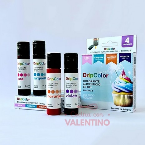 Set Colorante Gel Drip Color - Rosa. Turquesa. Naranja. Violeta