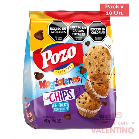 Magdalenas Pozo Chips Chocolate - 200 Grs - Pack 10 Un.